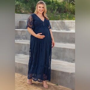 PinkBlush Navy Lace Mesh Overlay Plus Maternity Maxi Dress
